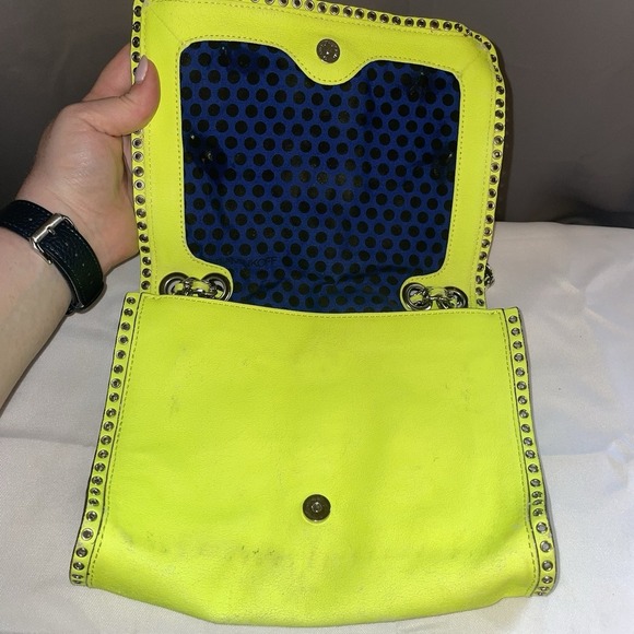 Rebecca Minkoff Bow Studded Shoulder Crossbody Bag Purse Neon Yellow Chain Strap - Picture 7 of 15